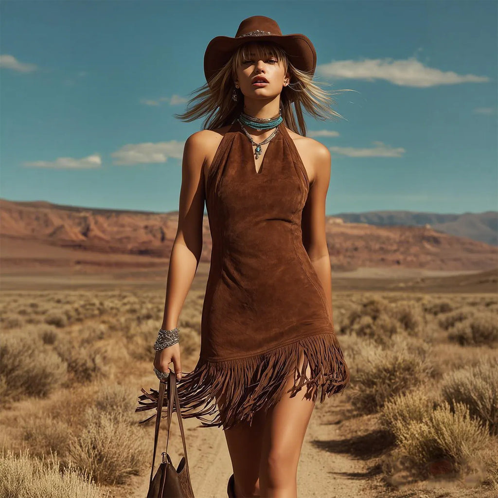 Faux Suede Fringe Mini Dress Halter Neck Boho Style Women's Summer Dress With Tassel Hem