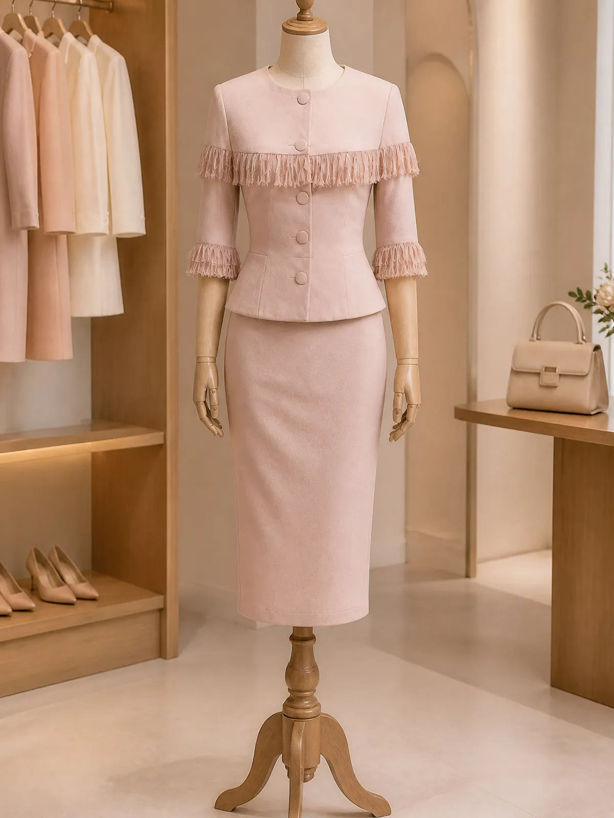 Vintage Pink Fringe Trim Jacket & Skirt Set