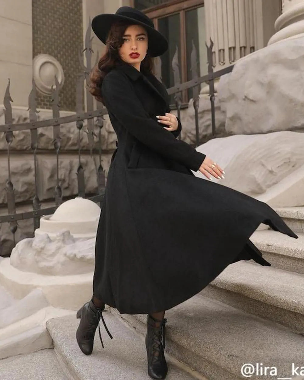 Black Wool Maxi Coat – Vintage Double Breasted Long Winter Overcoat  2743