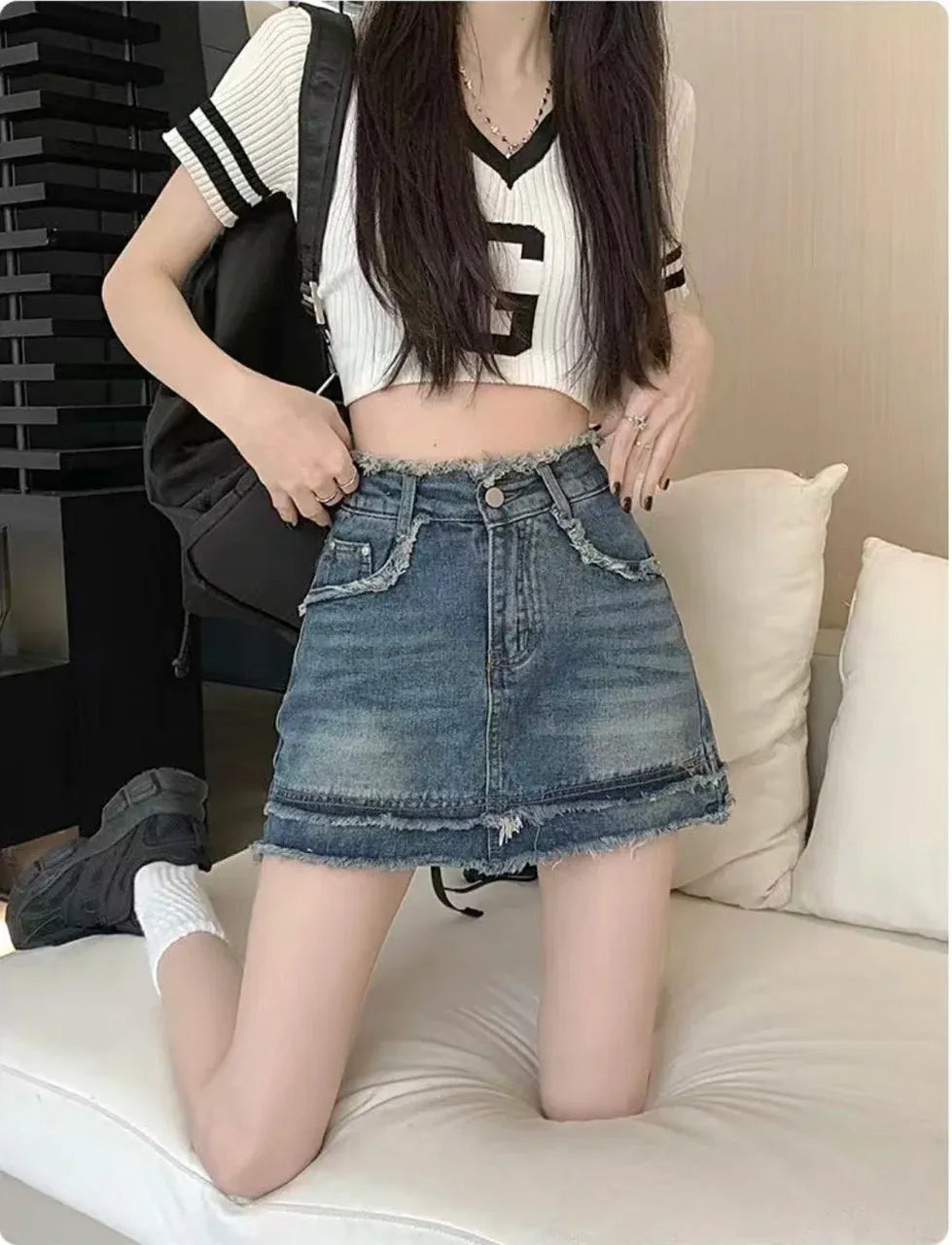 Denim Vintage A-line Y2K Patchwork Retro Skirt