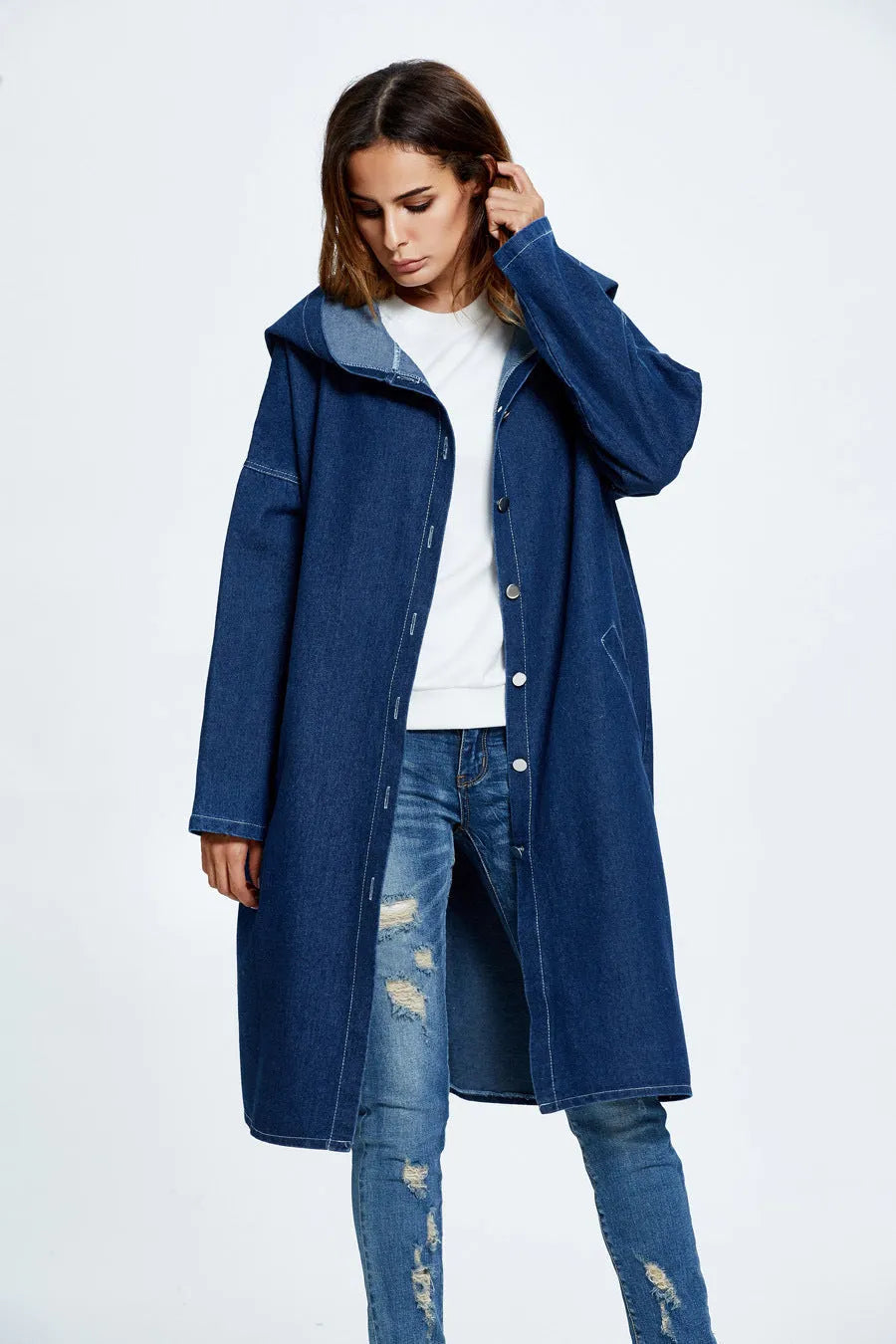 Long Hooded Denim Coat
