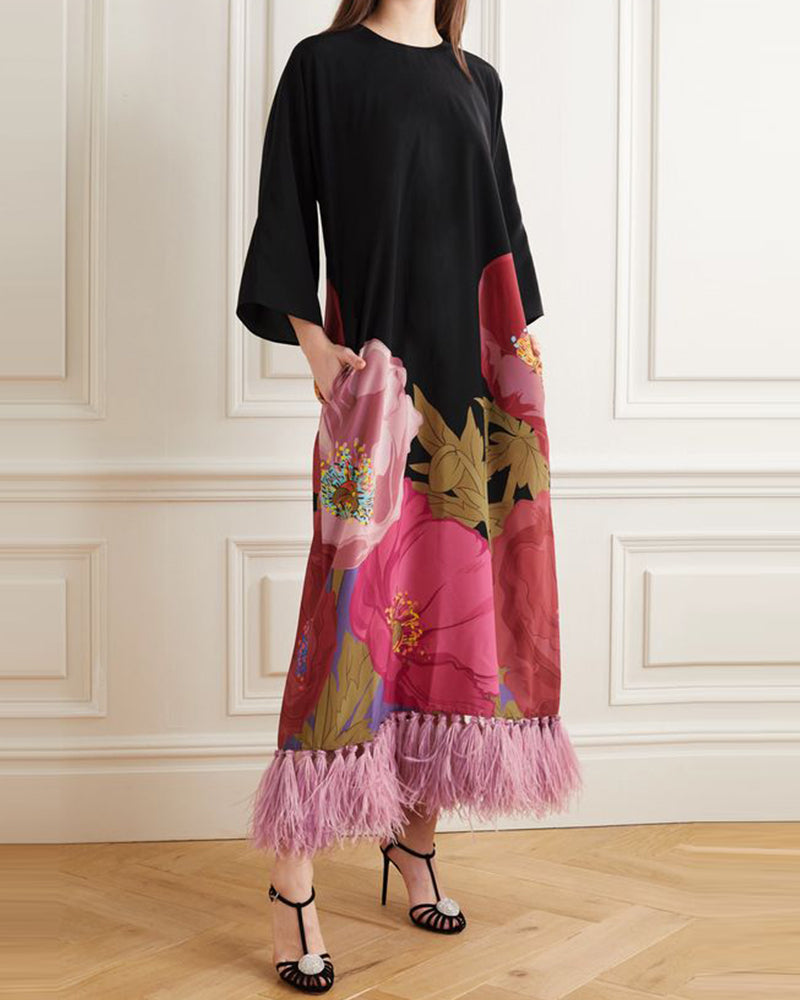 Feather tassel maxi dress print
