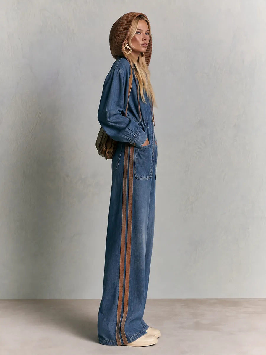 Side Stripes Hooded Wide Leg Denim Jumpsuit