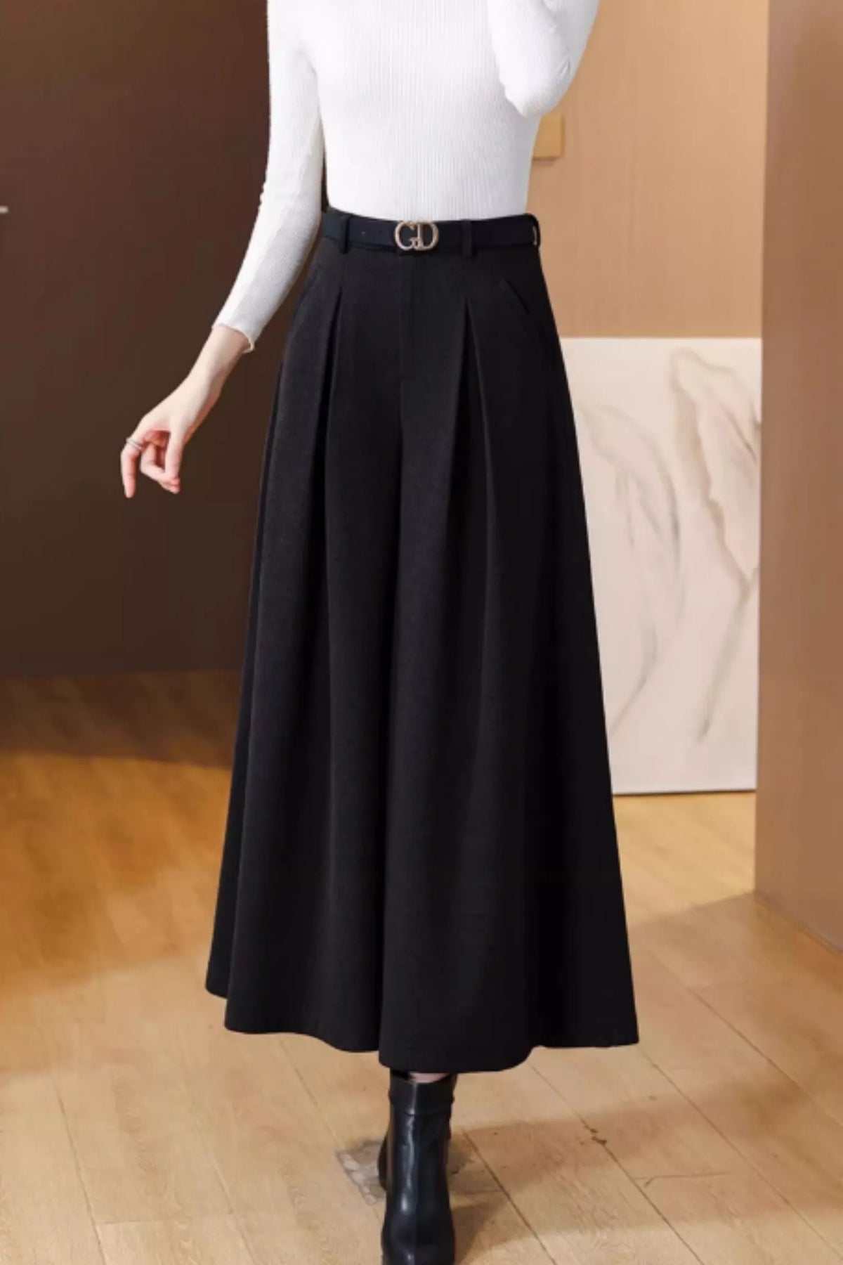 Black Wool Wide Leg Pants - High Waist Relaxed Fit 6372