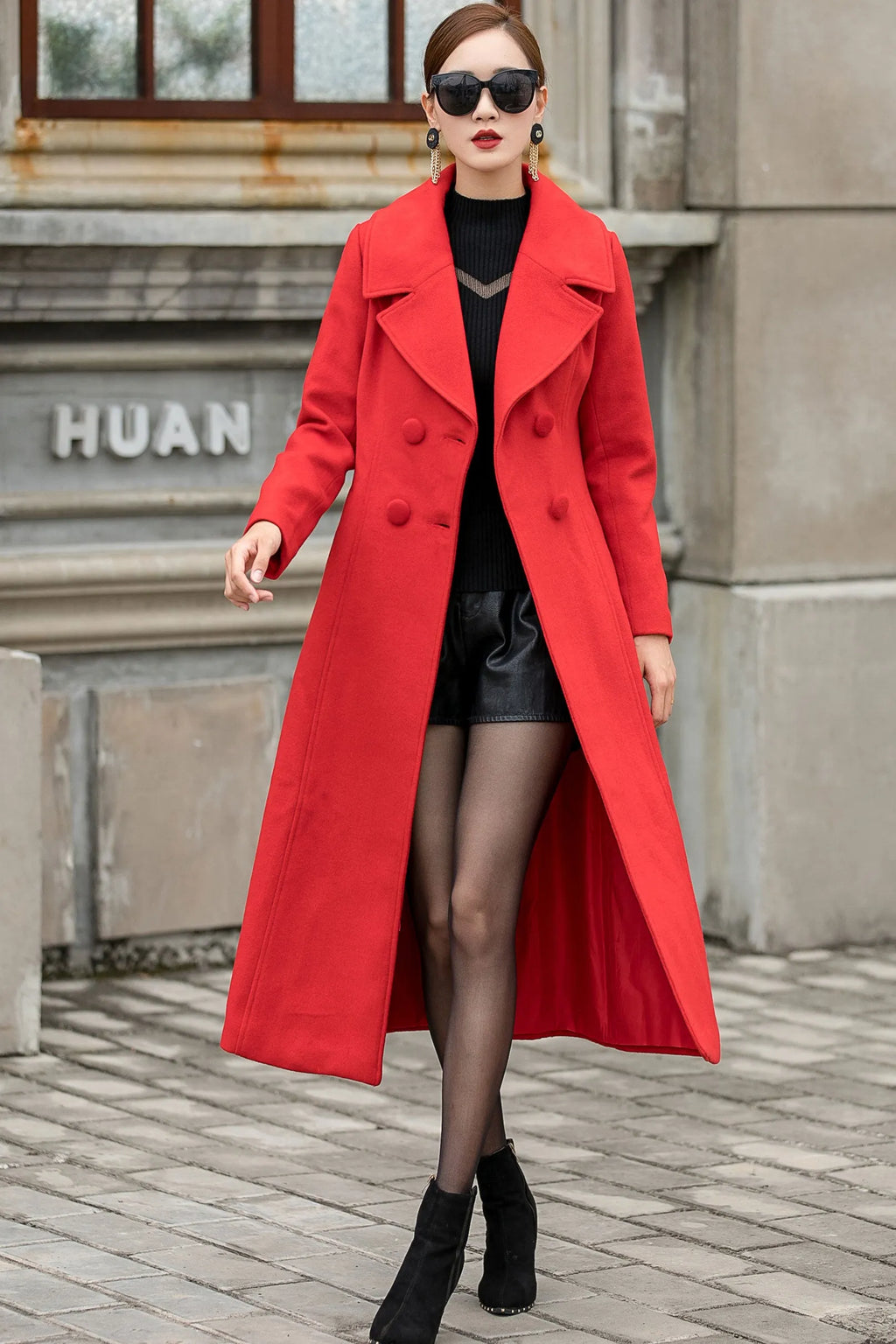 Handmade Red Wool Coat – Vintage Double Breasted Long Winter Overcoat 