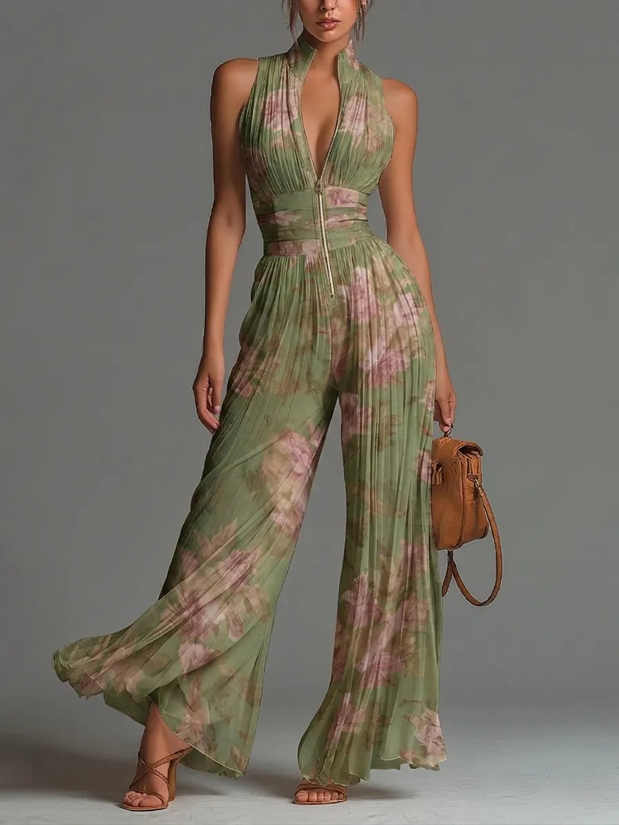 Green Floral V-neck Sleeveless Zip-up Pleated Wide-leg Chiffon Jumpsuit