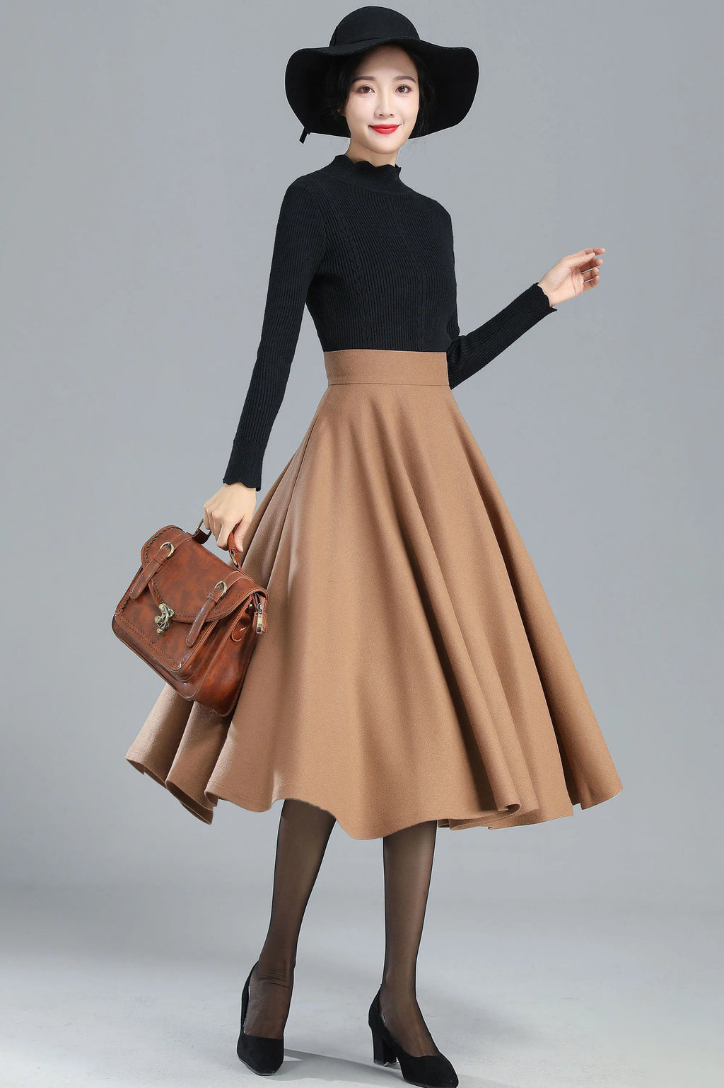 Camel Wool Midi Skirt - High-Waist A-Line Swing 3247