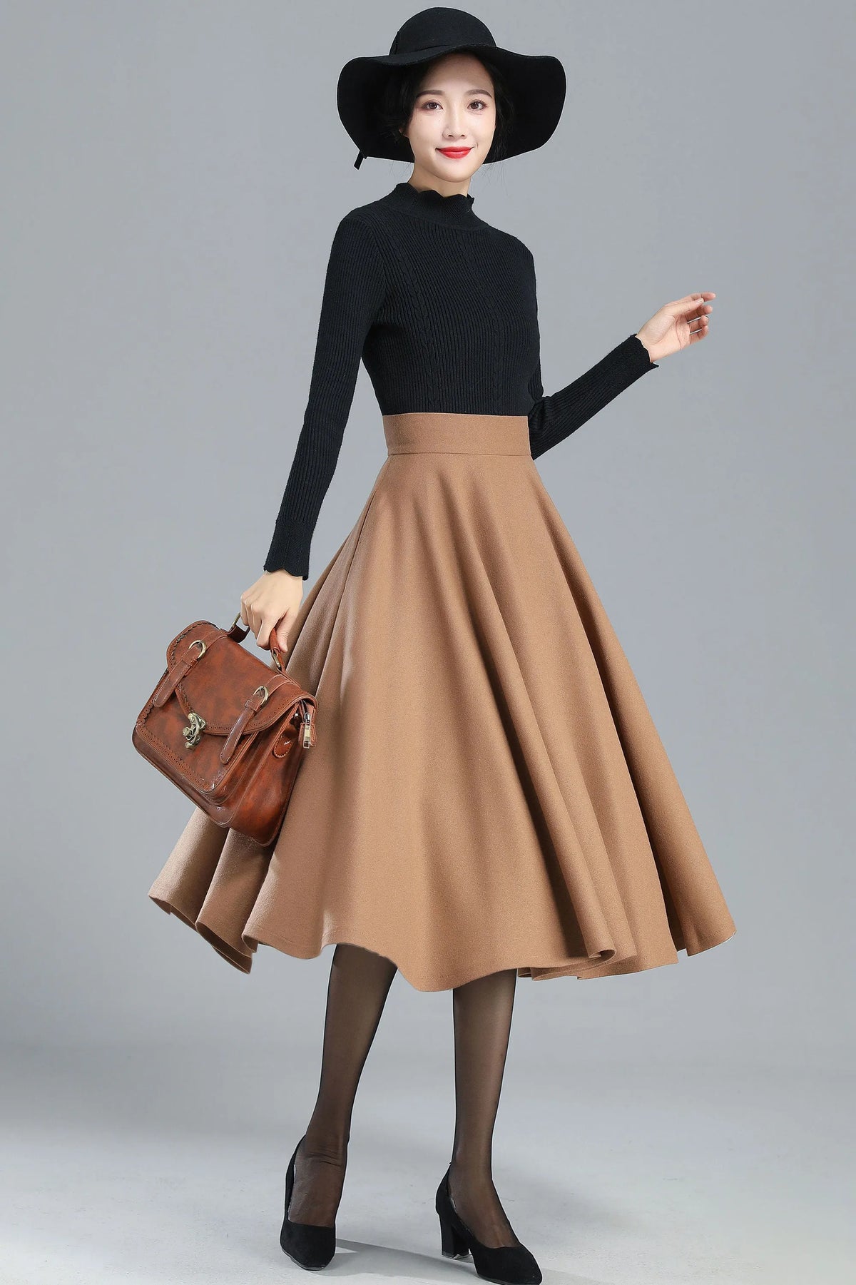 Camel Wool Midi Skirt - High-Waist A-Line Swing 3247