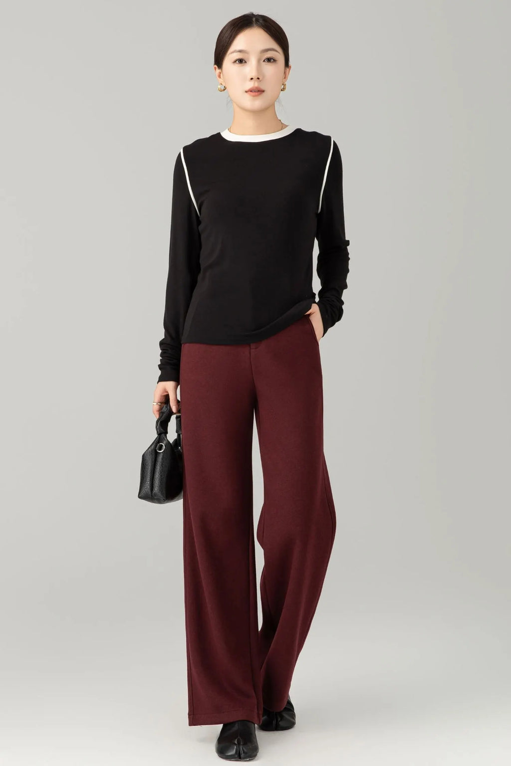 Burgundy Wool Wide Leg Pants - Loose Fitting Casual Winter 6465