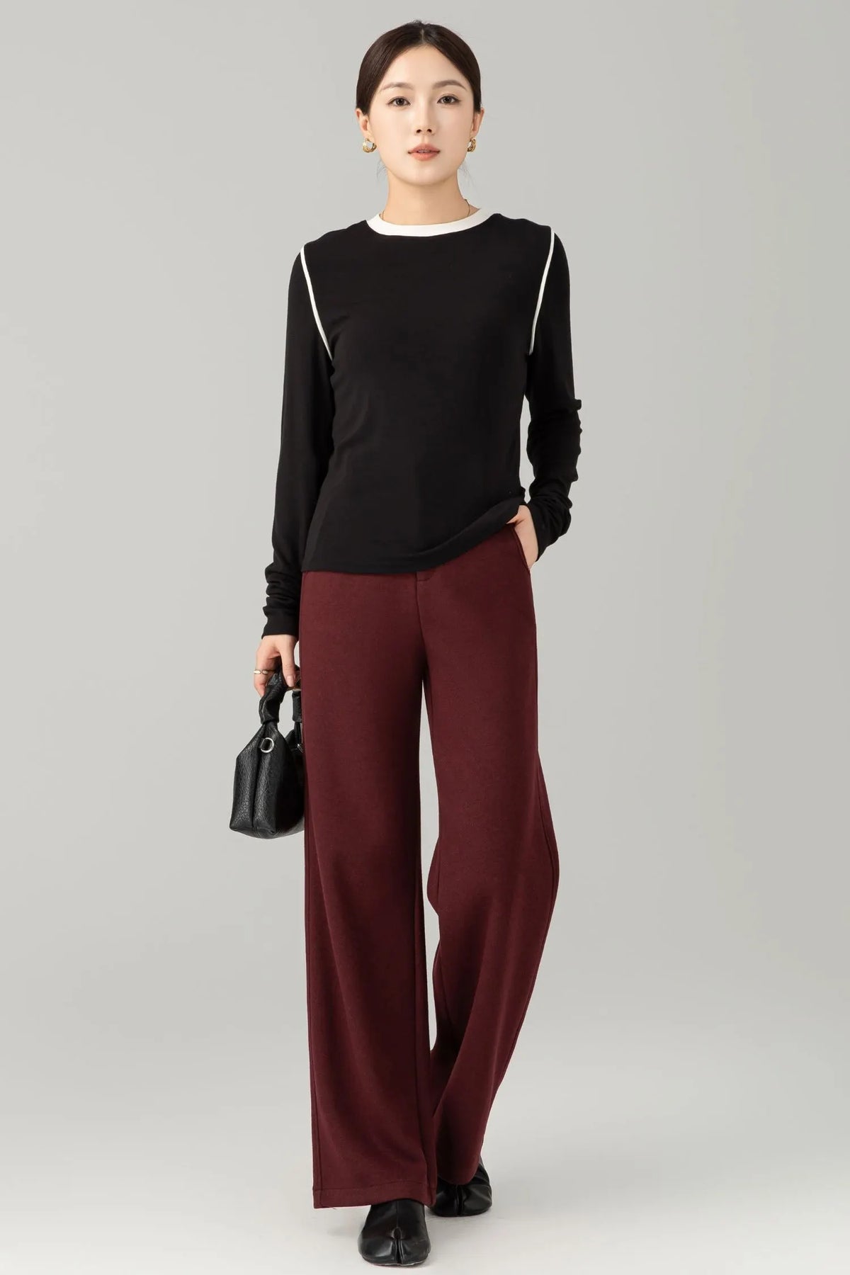 Burgundy Wool Wide Leg Pants - Loose Fitting Casual Winter 6465