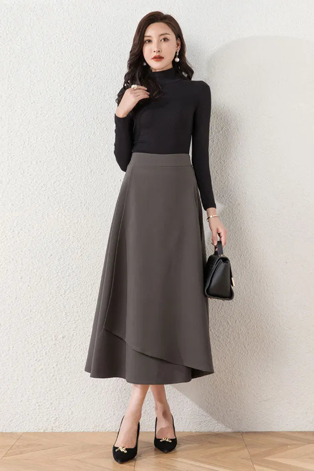 Brown Cotton Blend A-Line Long Skirt - Asymmetrical and High Waist 40