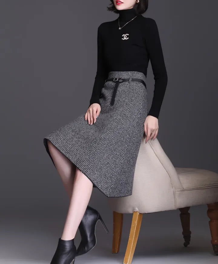 Handmade Brown Knit A-Line Skirt – Asymmetrical Hem with Pockets for Autumn Winter 6134