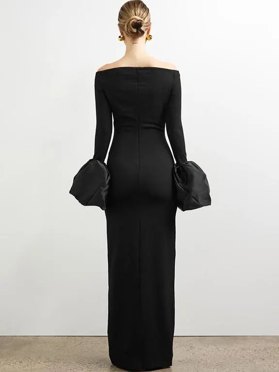 Long Sleeve Fitted Dress with Puff Sleeves and One-Shoulder Neckline