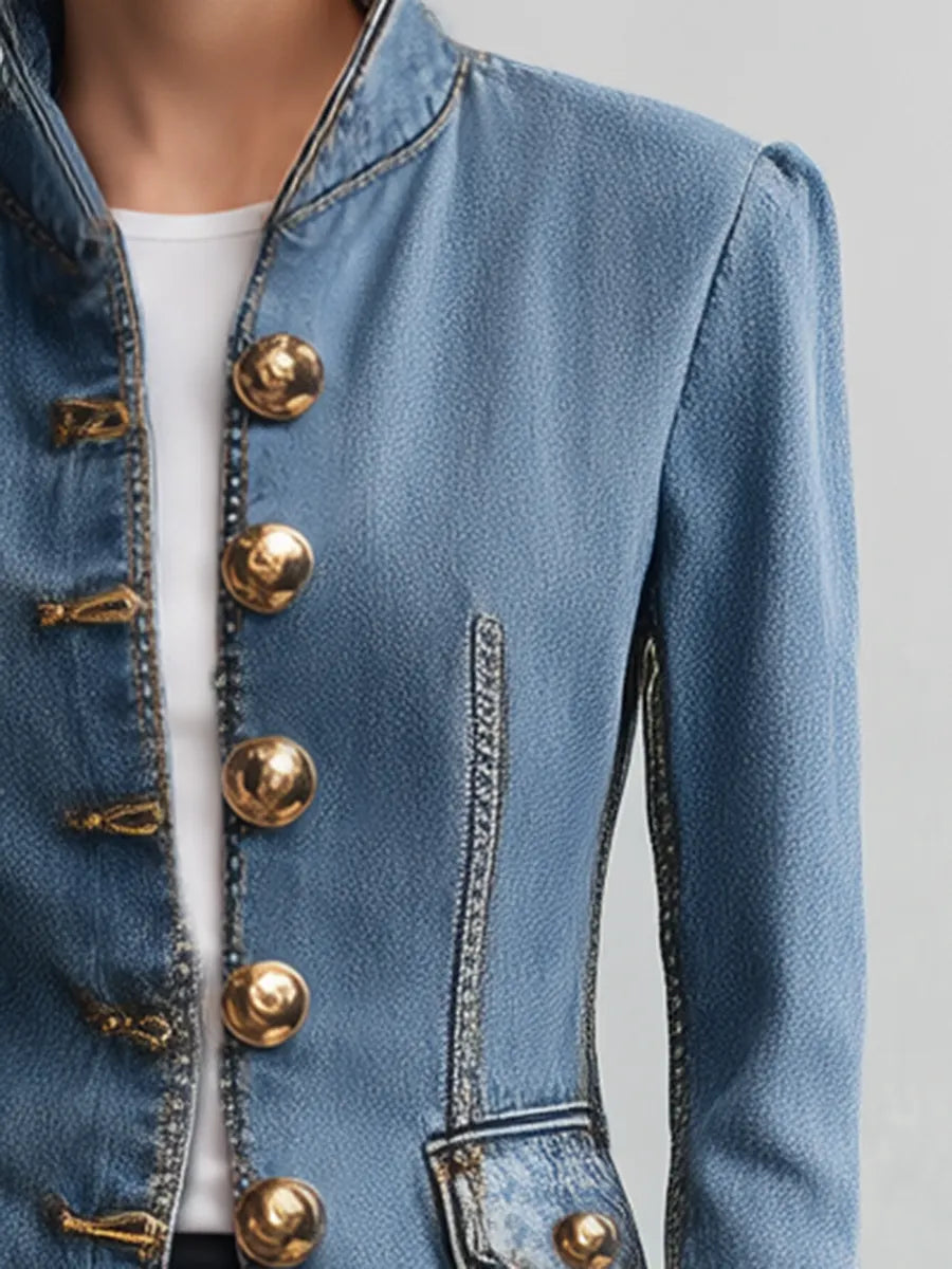 Retro Denim Stand Collar Military Jacket