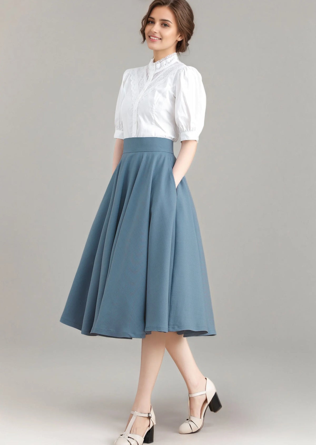 Blue Linen Blend Full Circle Midi Skirt - High-Waisted Flared Silhouette 3275