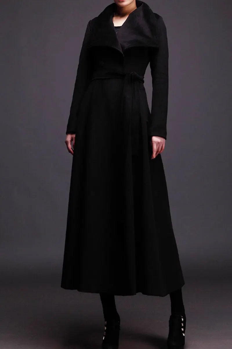 Dark Green Wool Long Coat - Double Breasted with Tie Belt 4712