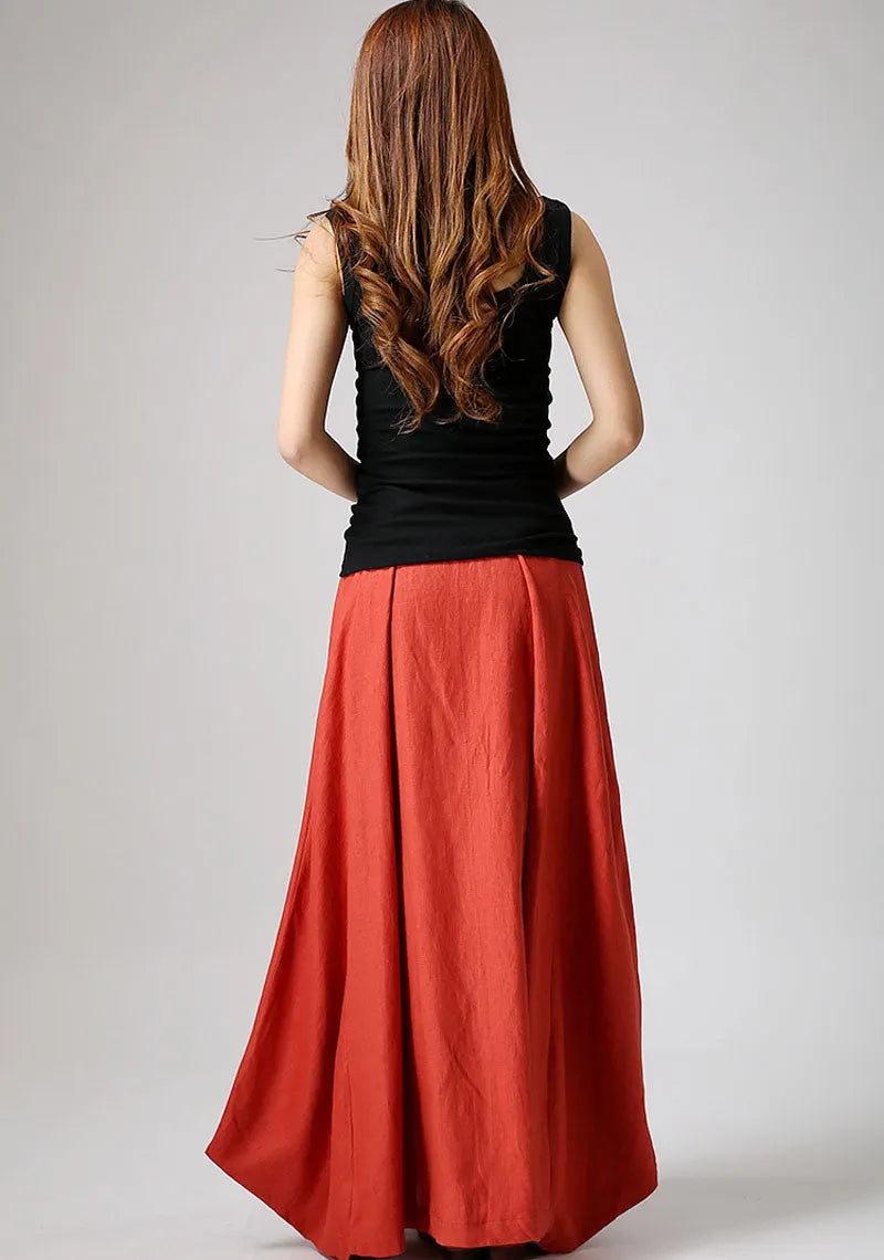 Women’s Handmade Linen Maxi Skirt – Orange Asymmetrical Flowy Skirt 