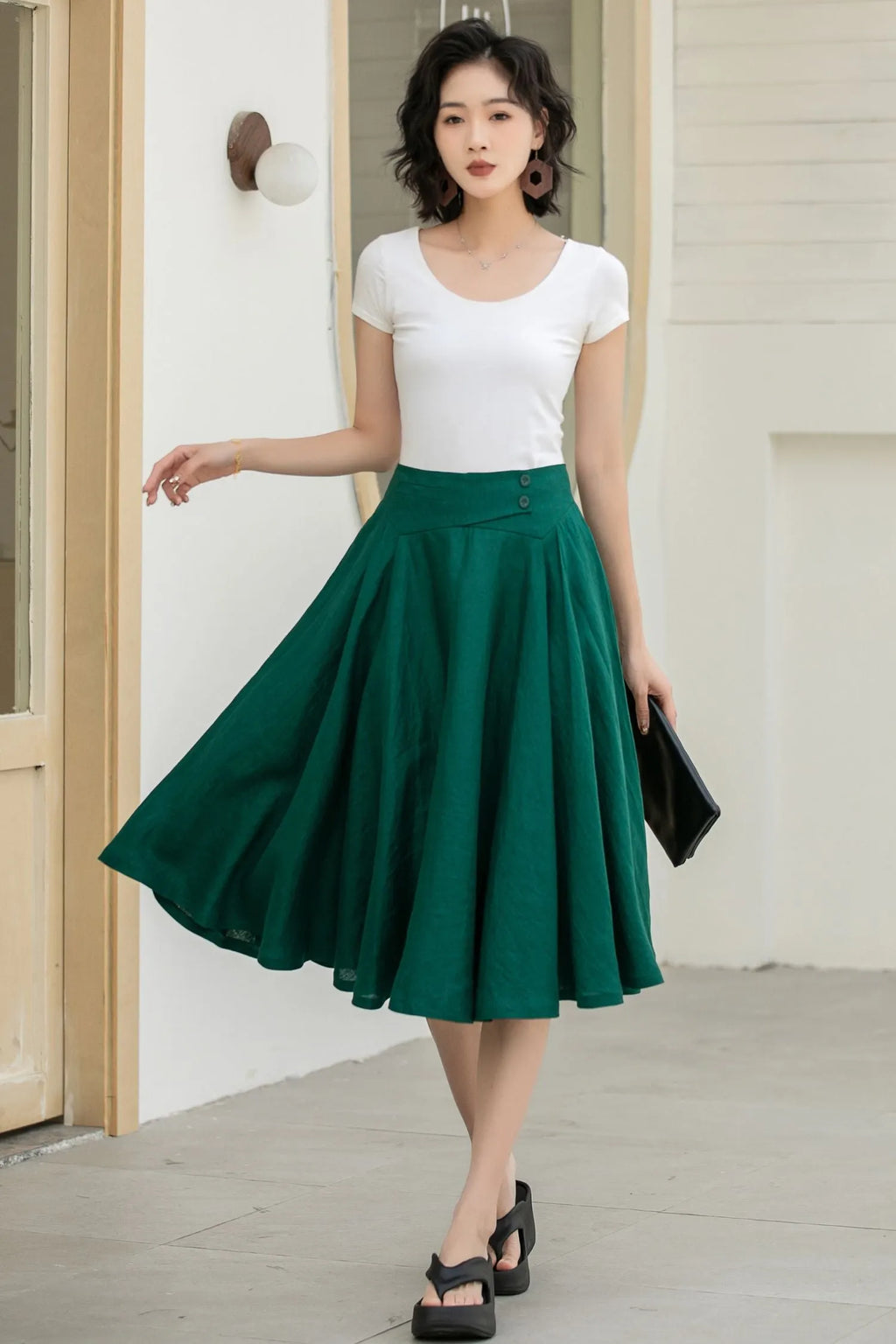 Dark Green Linen Midi Skirt - High-Waisted A-Line Flare 5834