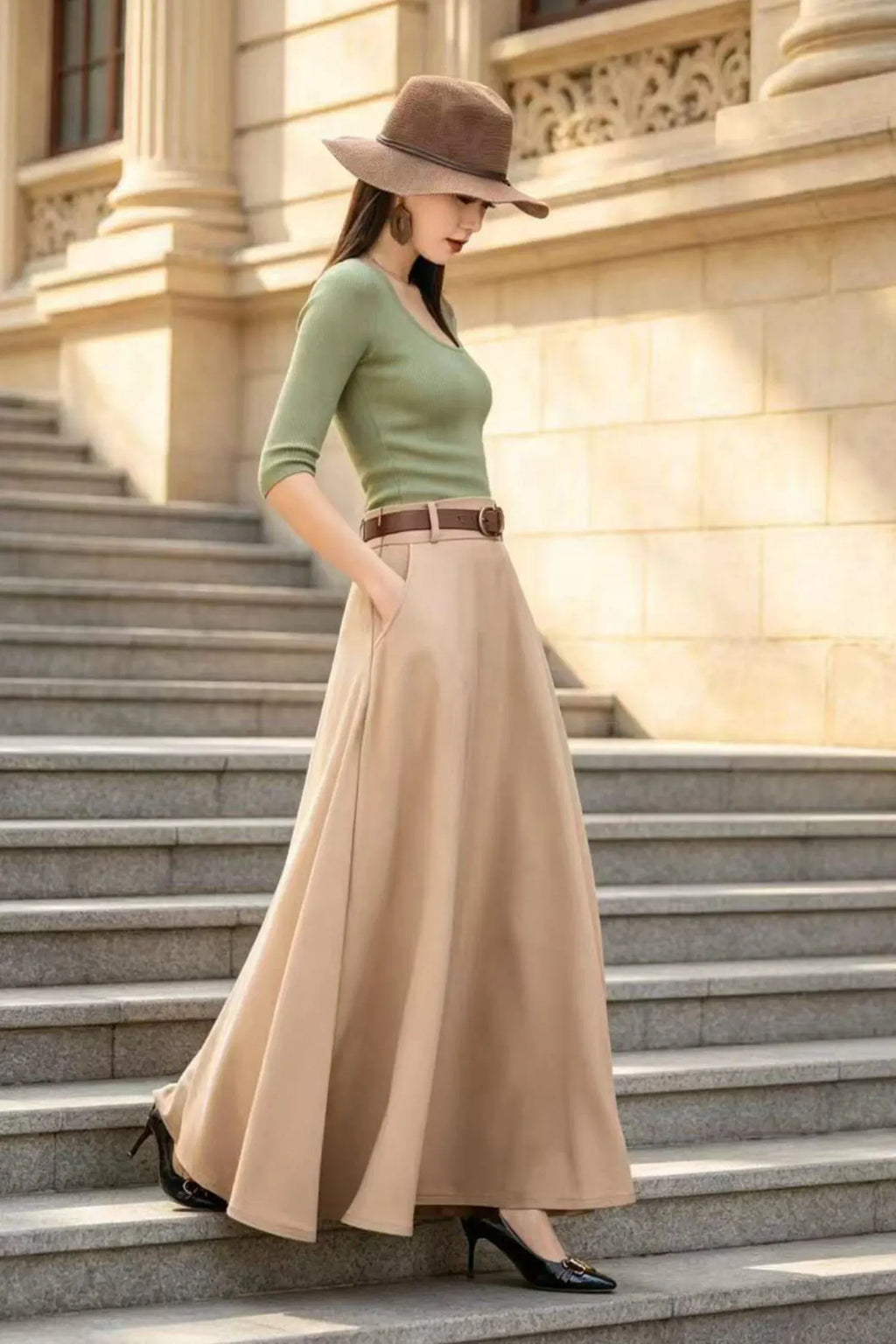 Khaki Cotton Blend Maxi Skirt - High-Waisted A-Line Swing Silhouette 6794