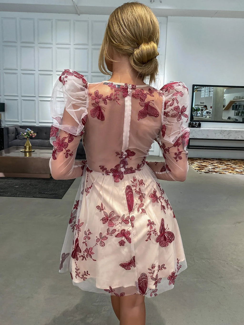 KittenAlarm - Women Fashion See Through sexy butterfly dot embroidery lace dress short skirt Gigot sleeve dress