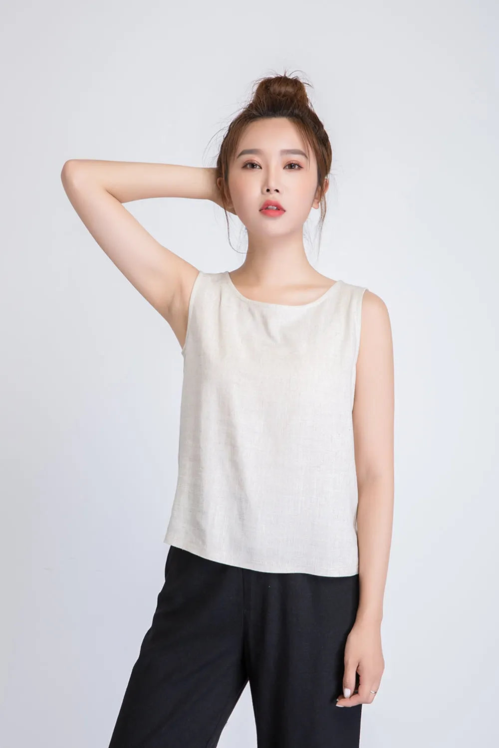 Beige Linen Blend Tank Top - Scoop Neck, Loose Fit 1945