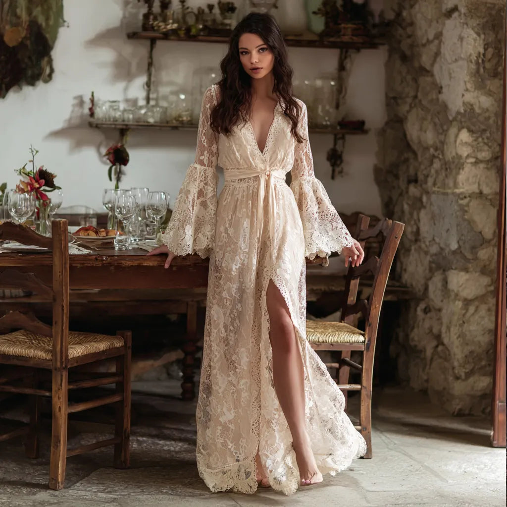 Lace Long Dress With Deep V-Neck And Bell Sleeves, Elegant Boho Maxi Gown For Women