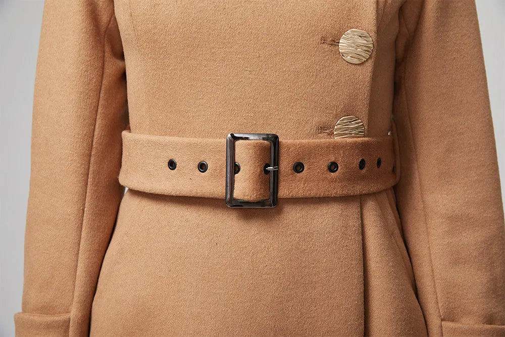 Camel Wool Blend Coat – Handmade Vintage Belted Winter Elegance 2204