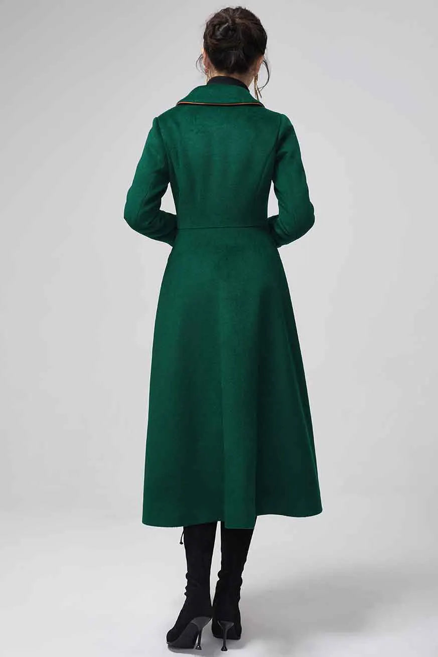 Emerald Green Wool Maxi Coat - Fitted Waist, Flowing Skirt 2202