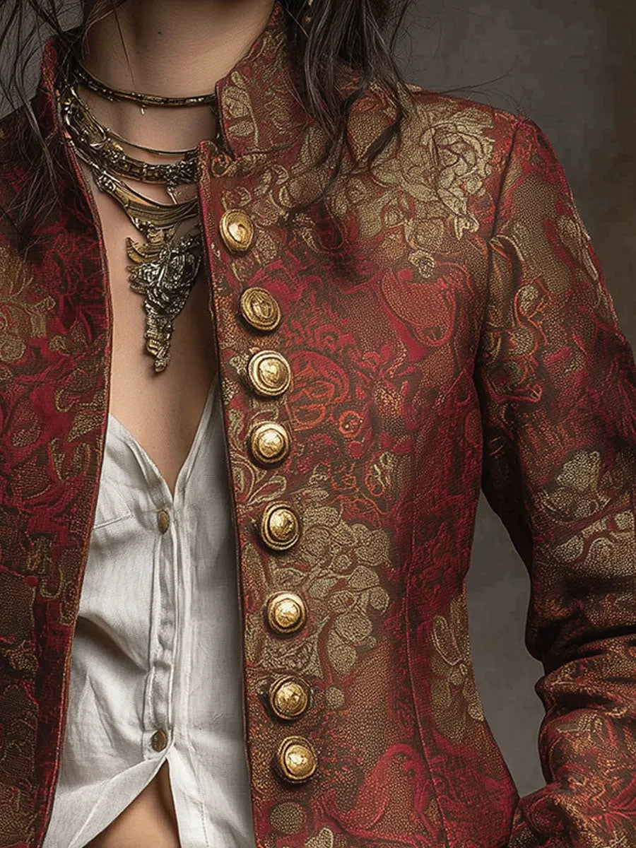 Vintage Print Metal Button Short Blazer