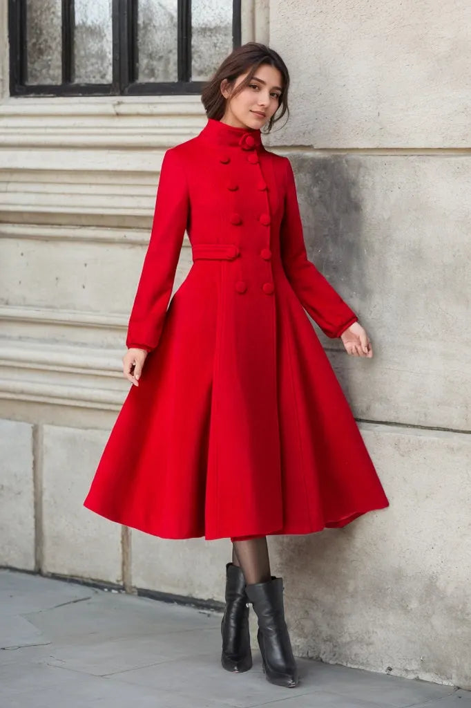 Red Wool Coat – Handmade Vintage Double Breasted Winter Swing Coat 