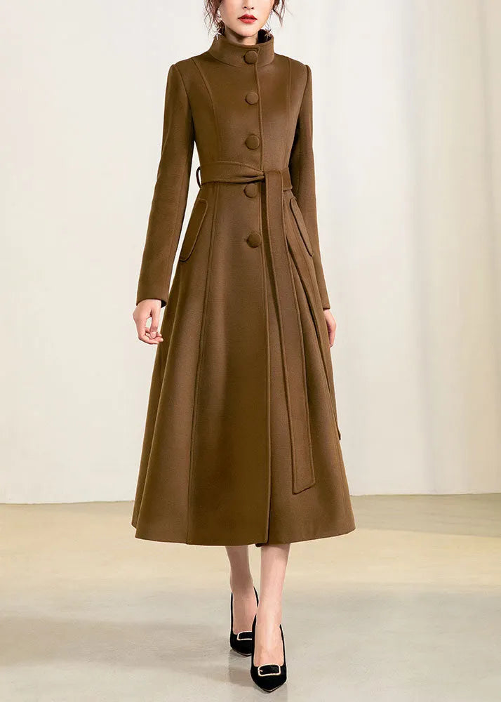 Brown Wool Long Coat - Handmade A-Line Silhouette with Belt 2956
