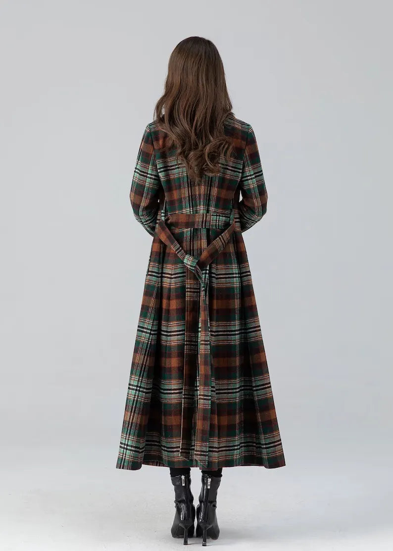 Plaid Wool Coat Maxi - Double Breasted Fit and Flare 4785