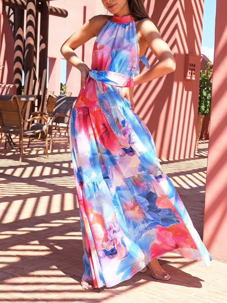 Multicolor Print Halter Neck Sleeveless Dress
