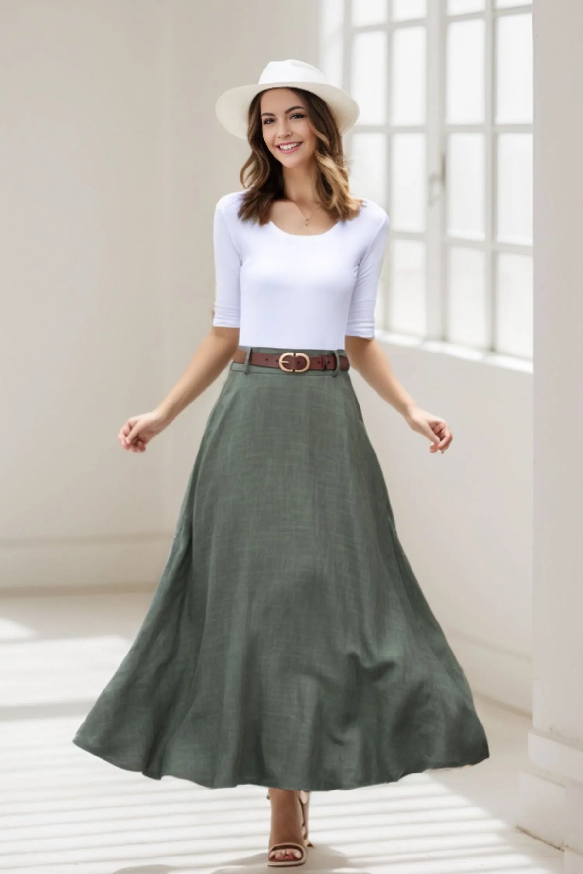 Green A Line Maxi  Linen Skirt with Pockets  2784