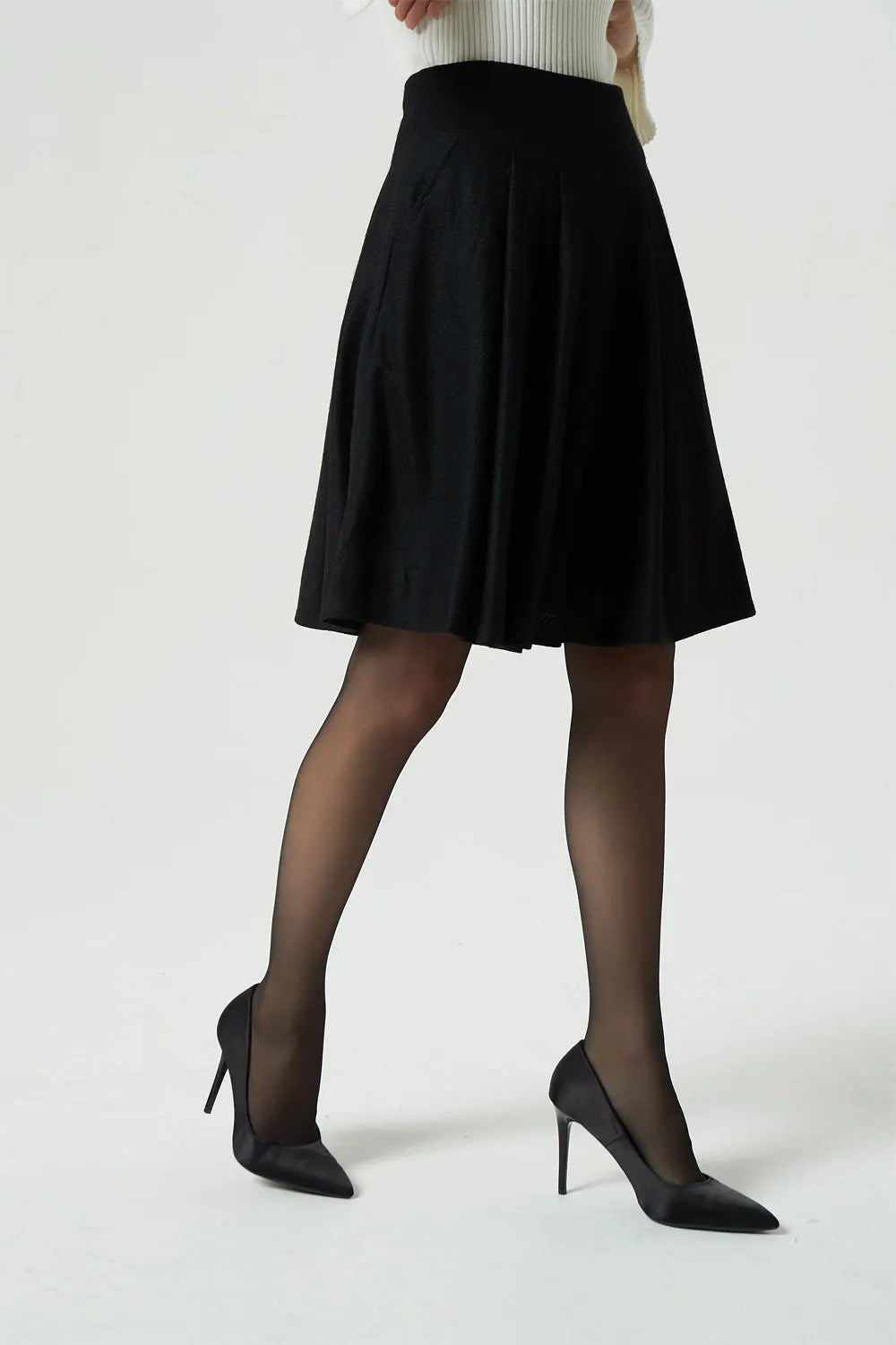 Black Wool Skater Skirt - Pleated Midi with Wide Waistband 1990