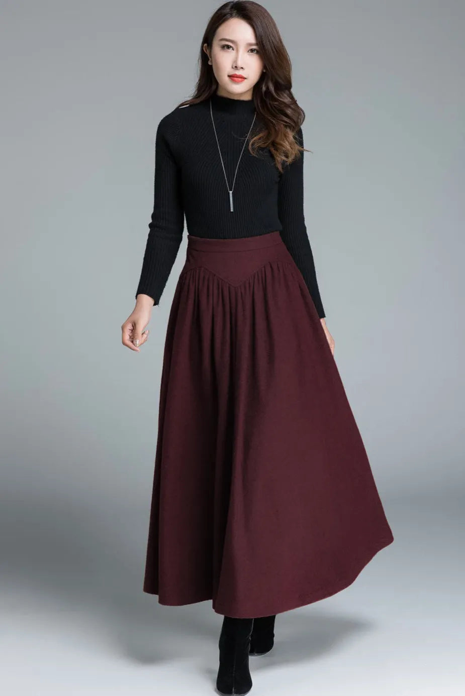 Burgundy Wool Maxi Skirt – Vintage High Waist Flared Winter Skirt 6319