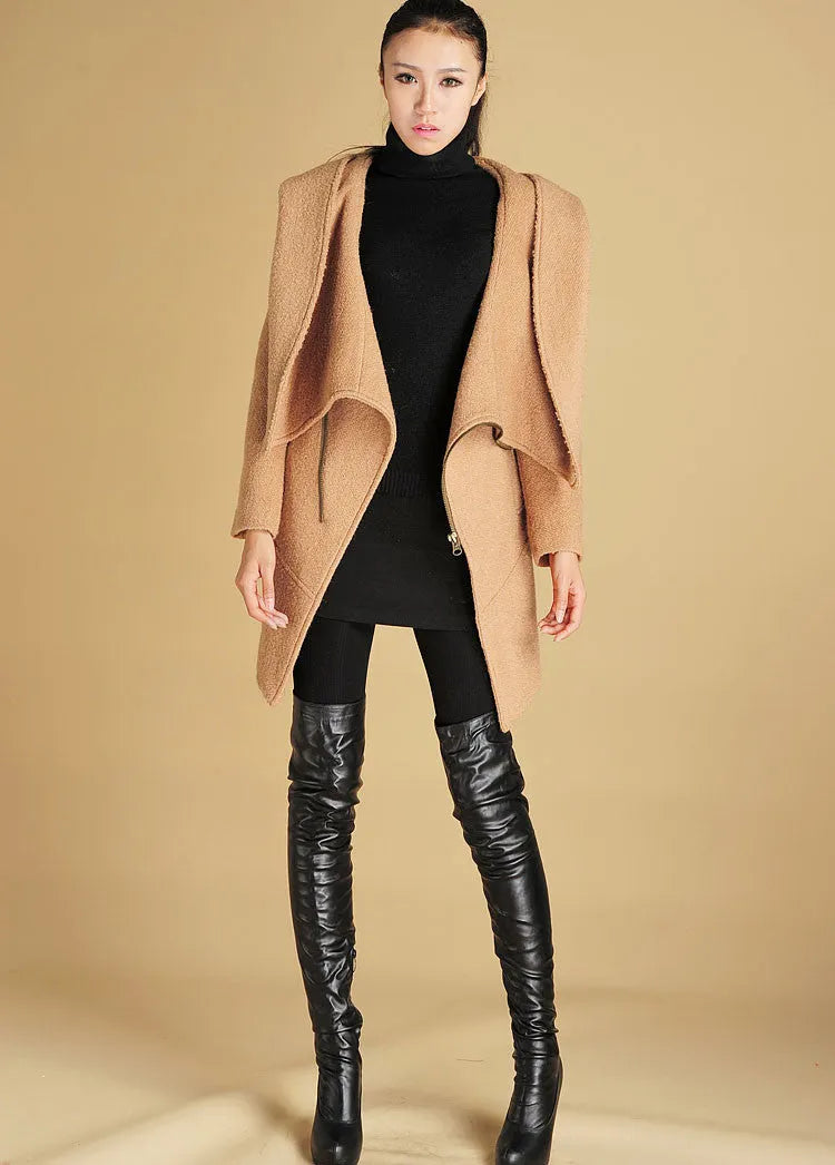Camel Asymmetrical Wool Coat – Modern Short Winter Coat with Oversized Collar 