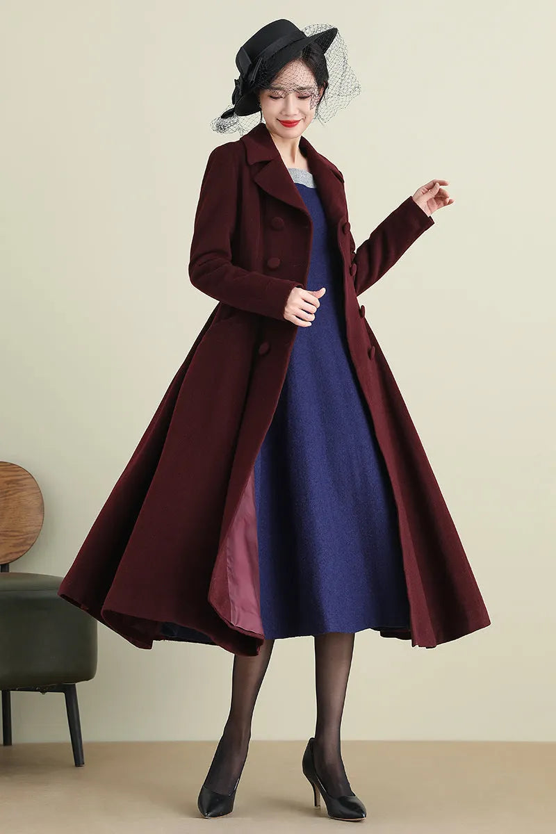 Handmade Wine Red Wool Coat – Vintage Double-Breasted Fit and Flare Overcoat 
