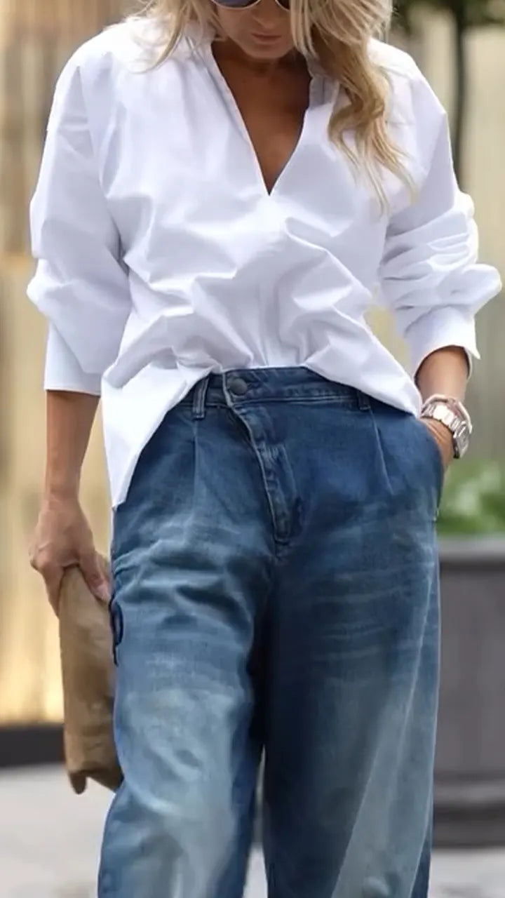 Women V-neck Shirt + Washed Jeans Casual Set