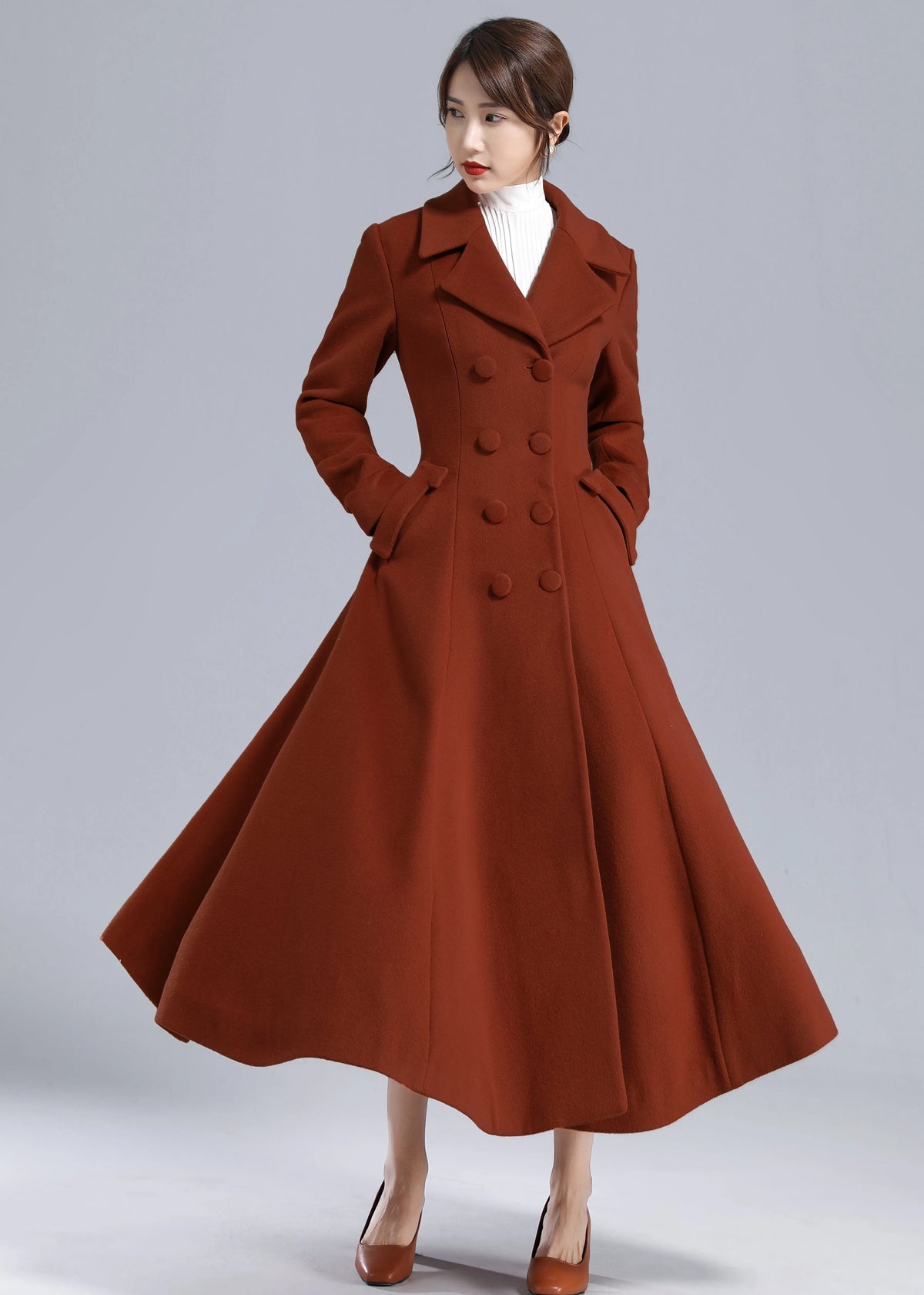 Rust Red Wool Maxi Coat – Statement Double Breasted Swing Overcoat 5495