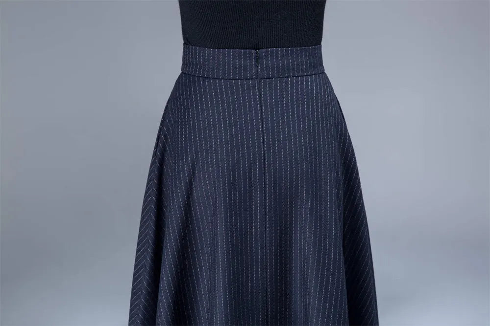 Navy Wool Maxi Skirt - Flowy Silhouette with Side Pockets 1808