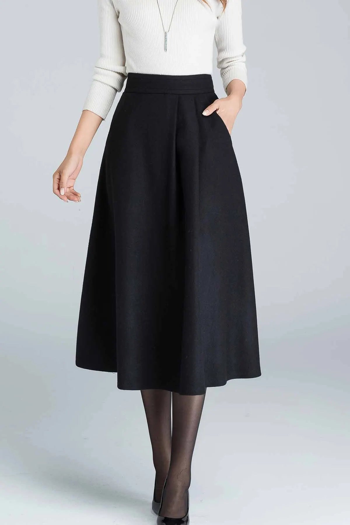 Elegant Black Wool Skirt – Handmade Midi Winter Skirt with Pockets 