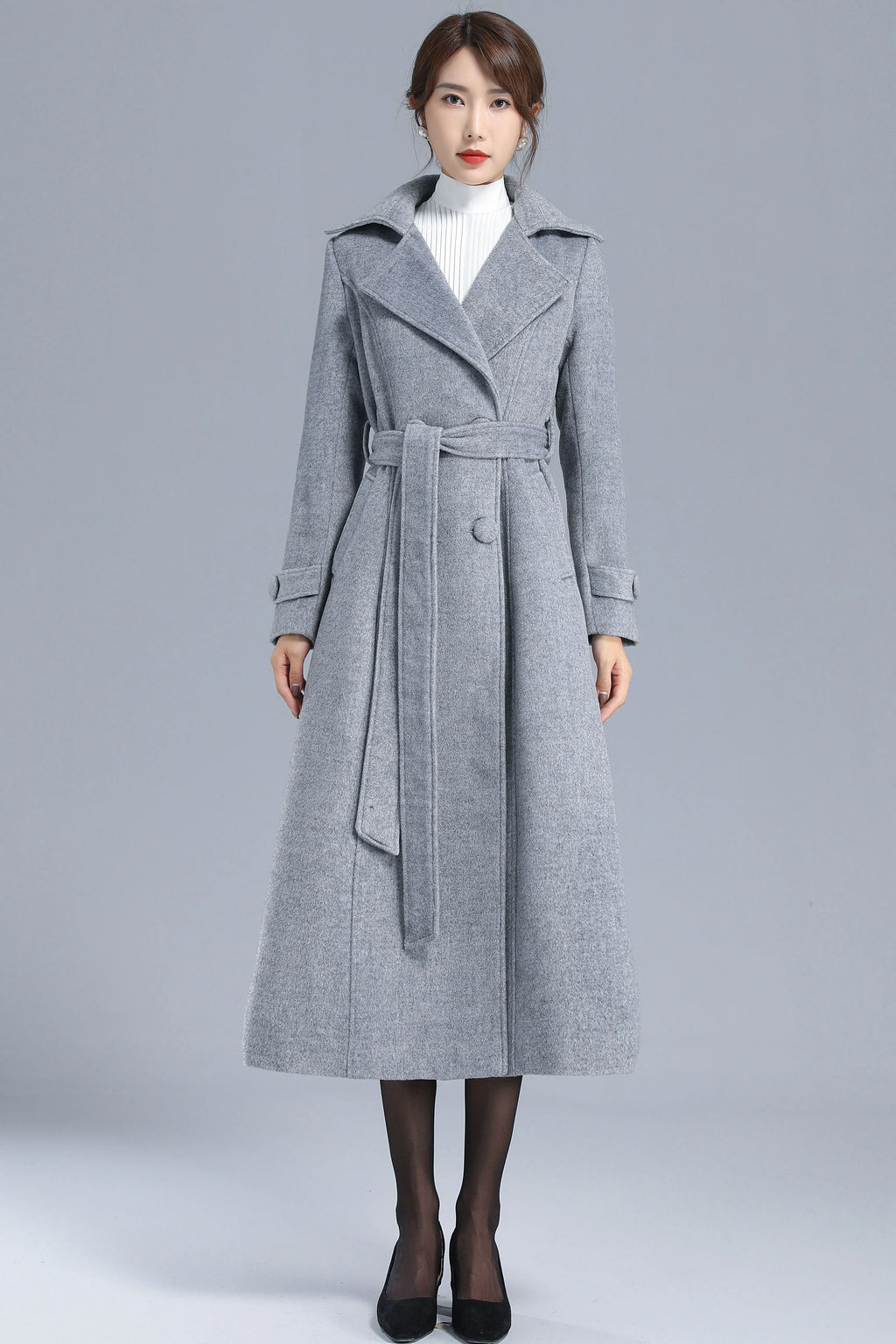 Gray Wool Belted Coat - Double Breasted, Mid-Calf Length 3209