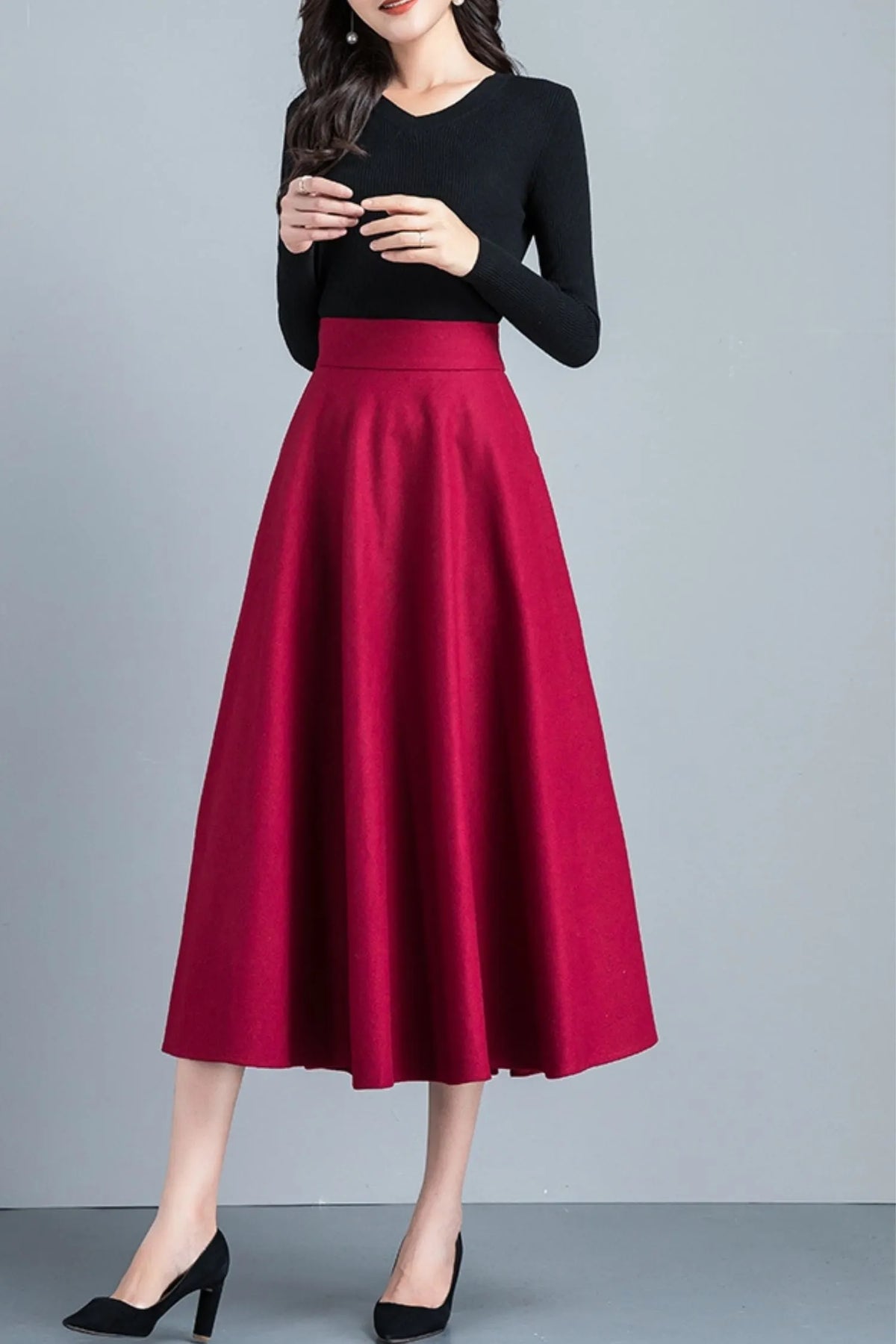 Handmade Wool Midi Skirt – Vintage A-Line High Waist with Pockets 6212