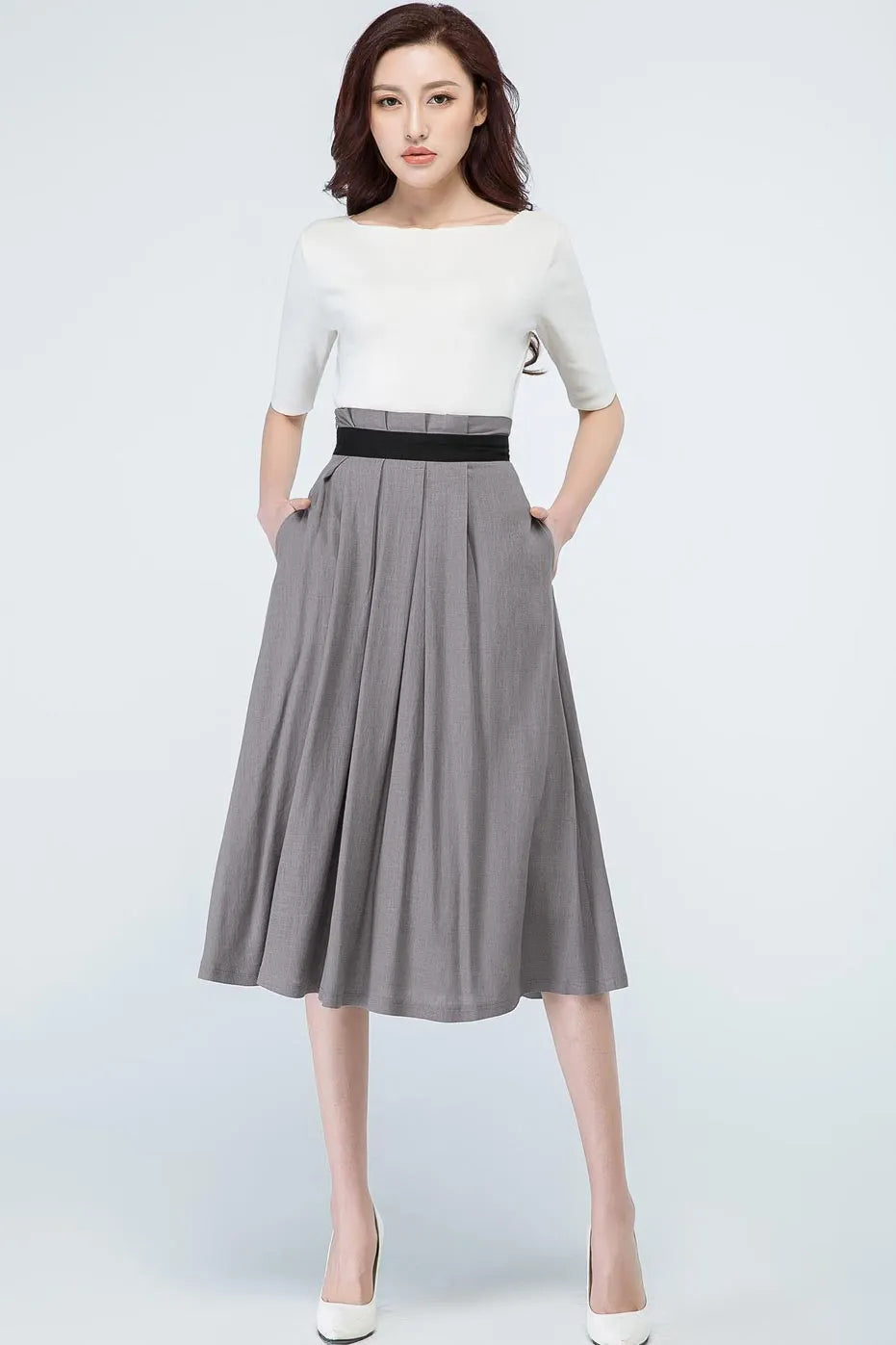 Grey Linen Blend A-Line Midi Skirt - Pleated Waist with Side Pockets 1691
