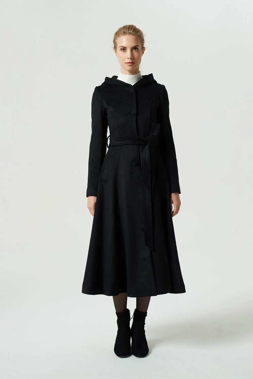 Handmade Black Wool Hooded Coat – Vintage Fit and Flare Maxi Winter Overcoat 
