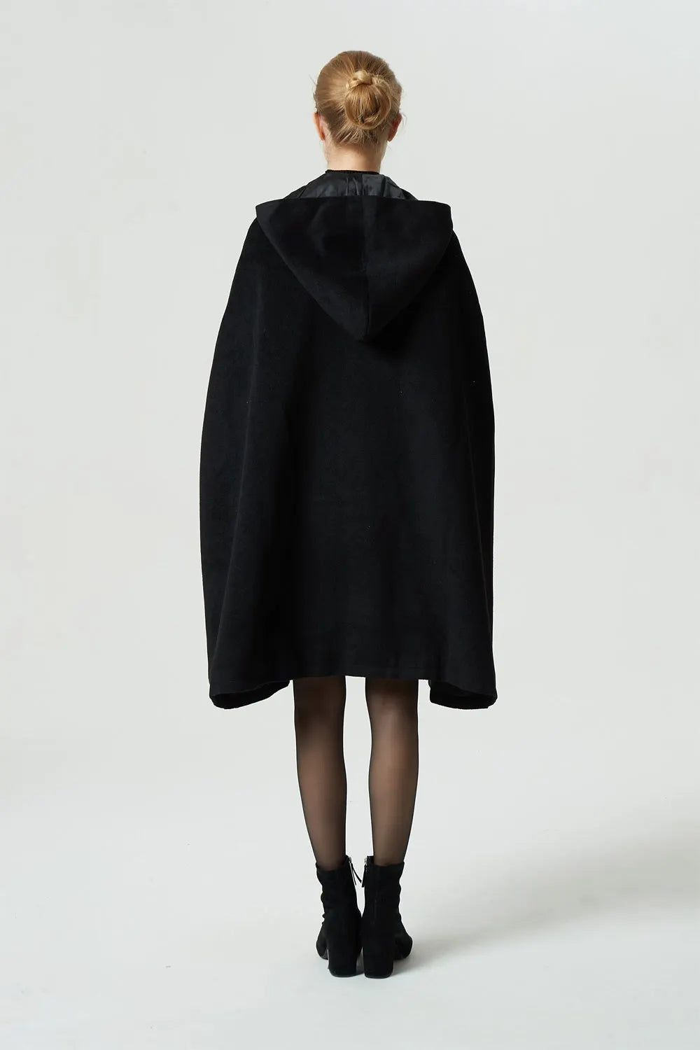 Black Wool Cape Coat - Vintage Hooded Flowing Silhouette 1952