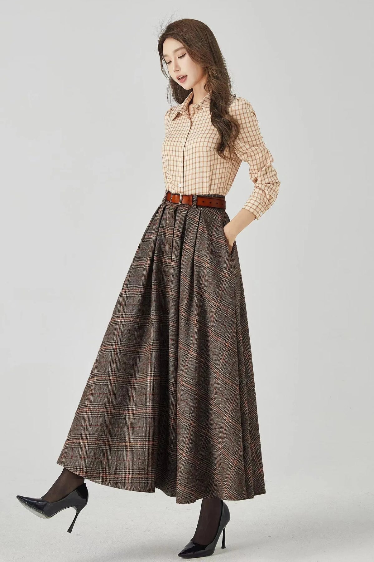 Plaid Wool A-Line Long Skirt - Flared Ankle-Length Winter Style 4536