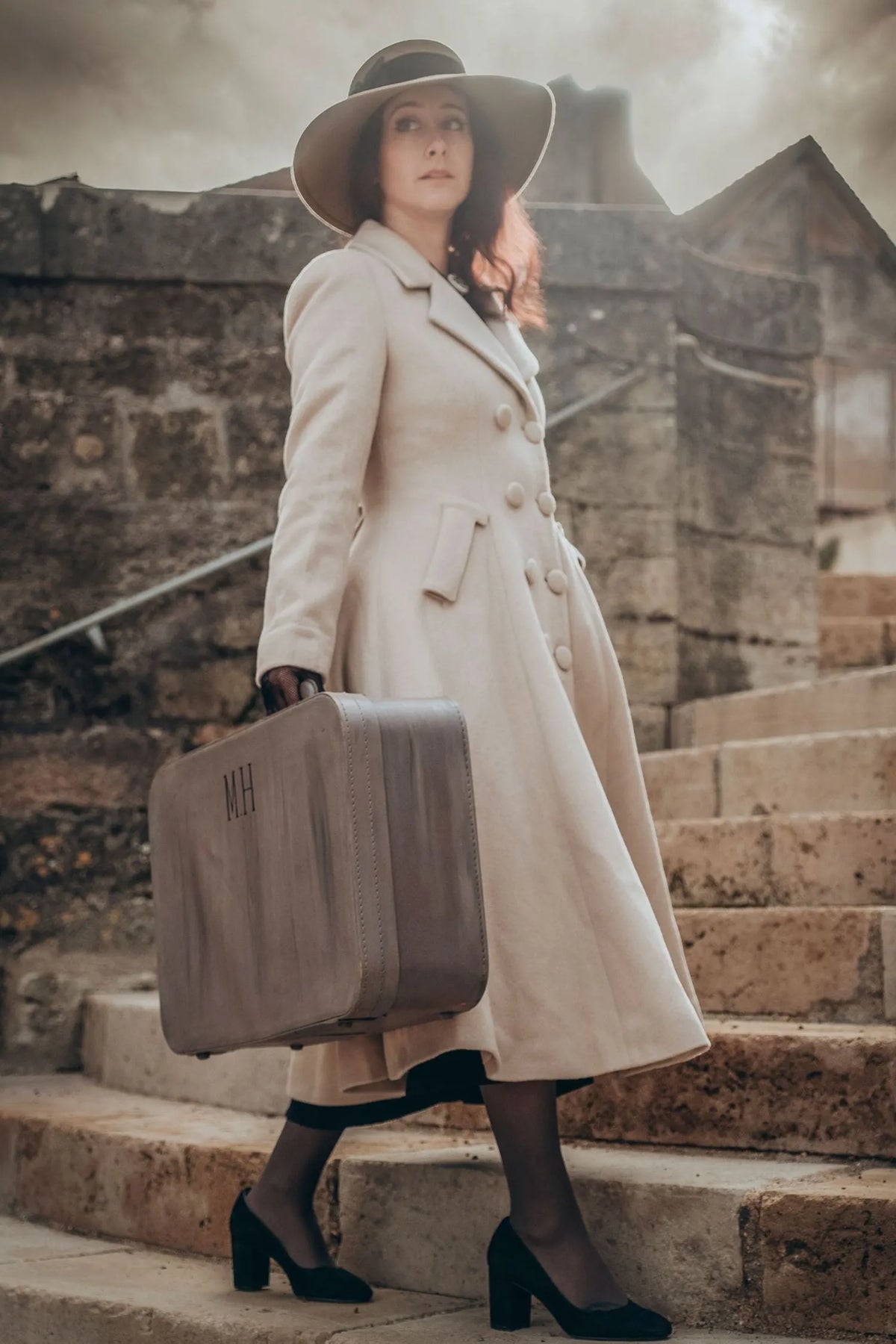 Cream White Wool Blend Coat - Double-Breasted A-Line Overcoat 3183