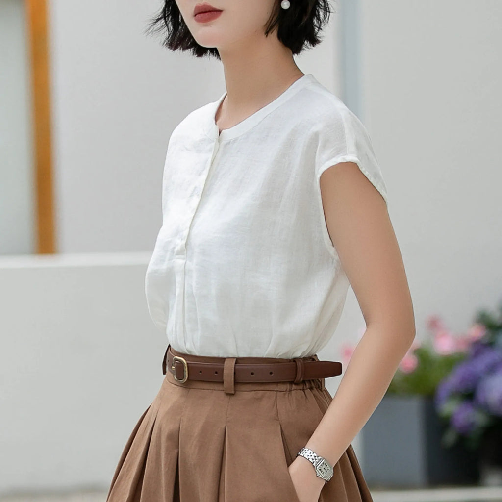 White Linen Blouse - Vintage Button Front with Subtle Ruffle Neckline 5992
